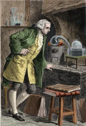 Antoine Laurent Lavoisier (1743-1894), fransk kemist, undersöker syrets existens i luften: experiment där han framställde kvicksilveroxid - Lavoisier i sitt laboratorium. Gravyr från 1800-talet.