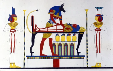Anubis och en mumie - i "" Monuments of Egypt and Upper Nubia"" av Ippolito Rosellini (Rossellini).
