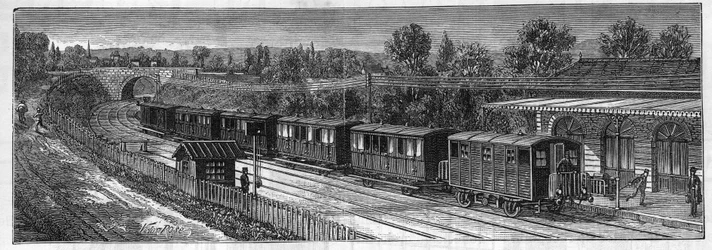 Användning av Faure-batterier: Elektriskt tåg på en järnvägsröst i en station. Gravyr i "" Le Monde Illustré""