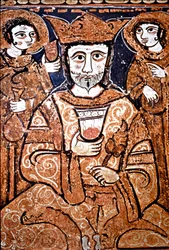 Porträtt i Arabonormand-stil av Roger II av Sicilien (1095-1154) omger höga dignitärer. Målning på trä från 1100-talet. Palermo, Cappella Palatina del Palazzo Reale (Kungliga slottets Palatinas kapell) Sicilien, Italien