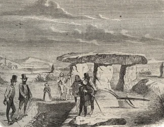 Arkeologiska utgrävningar: upptäckt av galliska gravar nära Dolmen de la Pierre aux Fees (Pierre-aux-Fees) i Oise (60). Gravyr från 1856 i "" Le Musee Des Sciences""