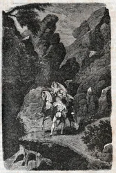 Argie attackerad på order av sin brudgum - gravyr från 1851 från "" Furious Roland"" (Orlando furioso) (1500-talet) av Ludovico Ariosto, känd som Ariosta - Upplaga översatt från italienska av greven av Tressan och utgiven av Gustave Harvar