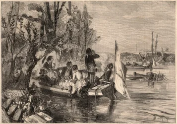 Runt Paris 1857. Kanotisterna i Asnieres. Gravyr i ”Le Monde illustrious”” från 1857. Privat samling.
