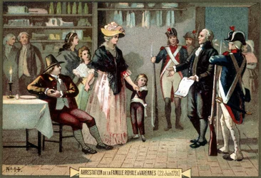 Arrestering av kungafamiljen (Louis XVI och Marie Antoinette med sina barn) i Varennes (1791-06-22). Kromolitografi 1800-talet.