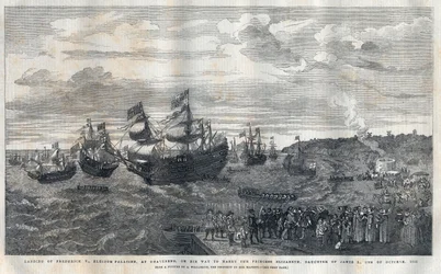Frederique V:s ankomst från Pfalz (1596-1632) i hamnen i Gravesend för att gifta sig med prinsessan Elisabeth av England (1596-1662), dotter till kung James I (1566-1625) den 16 oktober 1612. Han välkomnades av James Hay (1:e earl av Carlisle) (cirka 1580-