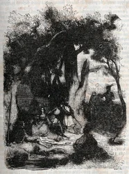 Rodomont och Mandricards ankomst till Merlins fontän - gravyr från 1851 från "" Roland furieux"" (Orlando furioso) (1500-talet) av Ludovico Ariosto, känd som Ariosta - Upplaga översatt från italienska av greven av Tressan och publicerad av