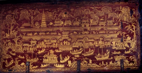 Portugisernas ankomst till Nanjing (Nanjing eller Namquin), Kina. Lock till en ask målat i rött och guld. 1600-talet. Porto, Nationalmuseet