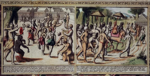 Konst Portugal: dans av den inhemska detaljen på kartan över Guinee av Luis Texeira (1602-1650), gravyr från 1600-talet.