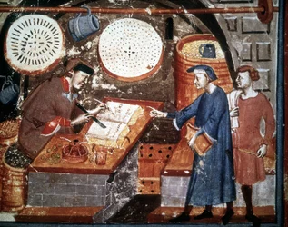 Hantverksbutik på 1300-talet. Miniatyrmanuskript från 1300-talet. Biblioteca Medicea Laurenziana, Florens.