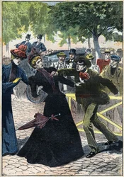 Mordet på kejsarinnan Elisabet av Österrike (Sissi) av den italienske anarkisten Luigi Lucheni i Genève år 1898. Illustration från 1898. Privat samling - Mordet på kejsarinnan Elisabet av Österrike (Sissi) av den italienske anarkisten Luigi Lucheni i