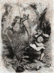 Astolphe får Caligorant att fly - 1851 gravyr från "" Furious Roland"" (Orlando furioso) (1500-talet) av Ludovico Ariosto, känd som Ariosto - Edition översatt från italienska av greven av Tressan och publicerad av Gustave Harvard 1851