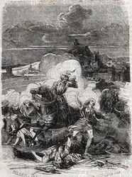 Astolfo får mördande kvinnor att fly - gravyr från 1851 ur „Den rasande Roland” (Orlando furioso) (1500-talet) av Ludovico Ariosto, känd som Ariosto - utgåva översatt från italienska av greven de Tressan och utgiven av Gustave Harvard 1851