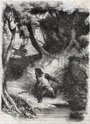 Astolphe på kanten av en fontän - gravyr från 1851 från "" Furious Roland"" (Orlando furioso) (1500-talet) av Ludovico Ariosto, känd som Ariosta - Upplaga översatt från italienska av greven av Tressan och publicerad av Gustave Harvard 1851