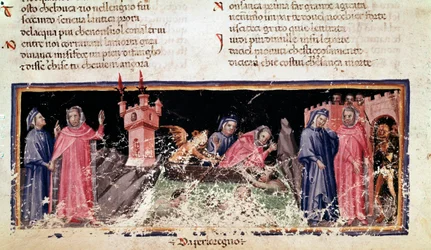 Till vänster står Dante och Virgil på stranden av floden Styx, Acherons dystra strand. I centrum färjor Charon Dante och Virgil, som ser väldigt oroliga ut (låt 3 från Hell, in the Divine Comedy) - miniatyr