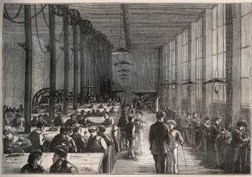 Järnverkstad - kommunal lärlingsskola på boulevard de la Villette i Paris 1875 - gravyr