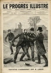 Attacken mot Fernand Labori (1860-1917), en advokat i Alfred Dreyfus (1859-1935) försvar, slog till med en kula i ryggen i Rennes när han var på väg till platsen där målet avgjordes. Omslag till "The Progres Illustré"" från augusti 1899 (gravi