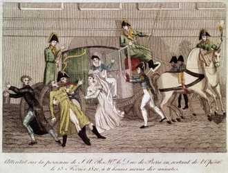 Attack på hertigen av Berry av Louis Pierre Louvel när han lämnade operan den 13 februari 1820. Gravyr 1800-talet.