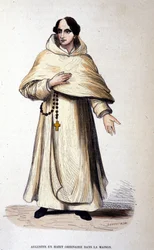 Augustinus i vardaglig klädsel, ordensman enligt den helige Augustinus regler. Gravyr från 1800-talet.