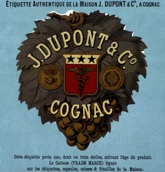 Autentisk etikett från J. Dupont & C¡, Cognac. 1882 års upplaga