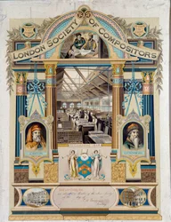 Autografcertifikat för clavist (tryckoperatör) utfärdat av Society of Clavists of London. Den är dekorerad med porträtt av Johannes Gutenberg och Willima Caxton. 1800-talets privata samling