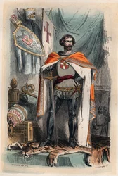 Baldwin I av Konstantinopel - Porträtt av Baldwin I, latinsk kejsare av Orienten (1171-1206), blev kejsare av Konstantinopel genom att delta i det fjärde korståget. Även känd som Baldwin IX av Flandern (eller Baldwin VI av Hainaut). Gravyr från 1868