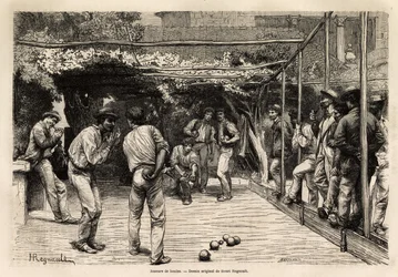 Bollspelare i Rom (Italien). Gravyr för att illustrera resan till Rom, av Francis Wey, 1864-1868, publicerad i "Le tour du monde, nouveau journal des voyages", under ledning av Edouard Charton