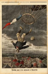 Ballongolycka i Beuzeville, efter en förlust av gas, tappade flygfarten kontrollen och föll från sin ballong, där han hade gått ombord utan gondol. Gravyr i "" Le petit journal"" 1899-07-30. Selva samling.