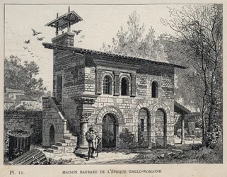 Barbarian House of the Gallo Roman Period (Gallo-romerska) - (Barbarian House Gallo Roman era) gravyr från 1889 i "History of human habitation at the Universal Exhibition of 1889, by Mr Charles GARNIER - Librairie centrale des beaux-arts Paris 1889
