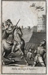 Barbarians invasioner - Attila (ca 406-453), kung av hunnerna, under belägringen av Aquilee (Aquileia) i Italien, 452. Gravyr i "Beaute de l