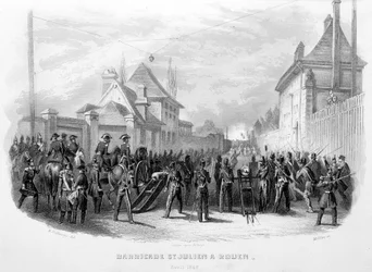 Barricade Saint Julien i Rouen, april 1848 - i "Fasttes de Gardes Nationales de France""