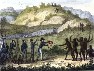 Bytesplats mellan de infödda och västerlänningarna efter "" Razze e popoli della Terra", tidigt 1800-tal.