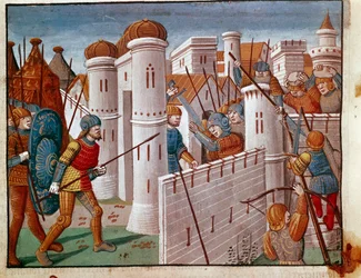 Slag vid foten av vallarna i en miniatyrstad hämtad från "The Facts of the Romans"" som berättar om de tolv Cesars liv. 1200-talets Venedig, biblioteca Marciana