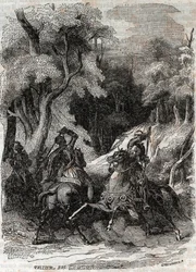 Slaget mellan Roland och Ferragus - gravyr från 1851 från "" Furious Roland"" (Orlando furioso) (1500-talet) av Ludovico Ariosto, känd som Ariosta - Edition översatt från italienska av greven av Tressan och publicerad av Gustave Harvard 1851