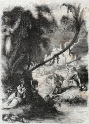 Slaget vid Griffon och Aquilant mot Orrile - gravyr från 1851 från "" Furious Roland"" (Orlando furioso) (1500-talet) av Ludovico Ariosto, känd som Ariosta - Upplaga översatt från italienska av greven av Tressan och publicerad av Gustave Harvard