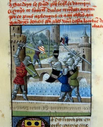 Slaget vid riddarna Palamede och Artus. Miniatyr i "" Roman Du Grail""