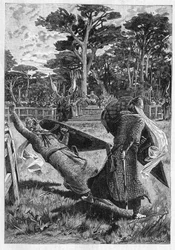 Slaget vid riddarna Pinabel och Thierry under medeltiden (medeltiden) i Frankrike. Illustration av romanen "La chevalerie"" av Leon Gautier (1832-1897). Gravyr i "" Le Monde Illustré""