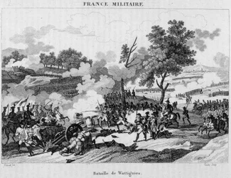 Slaget vid Wattignies: Jourdan och Carnot vann segern för att låsa upp staden Maubeuge som belägrades av österrikarna, oktober 1793. Gravyr från 1800-talet.