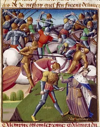 Slaget om kejsar Othon I:s soldater (Otton eller Othon I, 912-973). Miniatyr i "" Den historiska spegeln"" (Historiskt spekulum) av Vincent de Beauvais (1190-1264) översatt till franska av Jean de Vignay