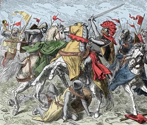 Battle on the Elster: Rudolf of Swabia Mortally Wounded - Revolt of the Saxons (1073-1075): Rodolph of Rheinfelden (ca 1025-1080), hertig av Schwaben och antiking av romarna sårades dödligt i ett slag nära Elster, mot Henrik IV:s trupper