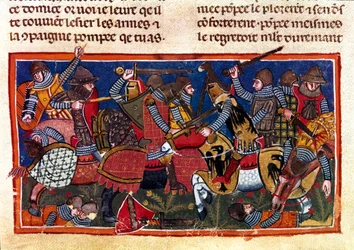 Stridsscen Miniatyr från en fransk kodex på pergament "Fakta om romarna"" som berättar om den antika historien fram till Jules Cesar (101 f.Kr.-44 f.Kr.). 1200-talets Venedig, biblioteca Marciana