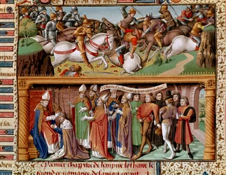 Stridsscen och kröning av kejsar Lothar II av Supplinburg (eller Lothar III av det heliga riket, kejsare av det Tysk-romerska riket) (1075-1137). Miniatyr i "Le Miroir historial" (Speculum Historiale) (ms. 1196, fol. 245r) av Vincent av Beauvais (11