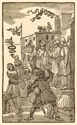 Se Vanity Fair! från The Pilgrims Progress From This World, To That What Is To Come av John Bunyan (1628-1688) Christian går in i staden Vanity Fair och ser andra pilgrimer i kedjor.