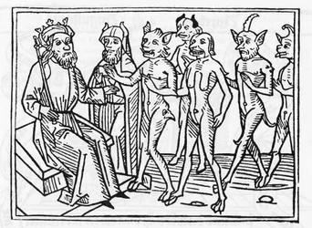 Belials rättegång: ”Demonen Belial, åtföljd av fyra andra demoner, framträder inför domaren Salomo.” ”Gravyr ur ’Belials rättegång’ av Jacobus de Teramo (eller Palladino), Augsburg”