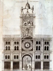 Klocktorn i San Marco-kyrkan i Venedig. Sida från De campanis av Rocca