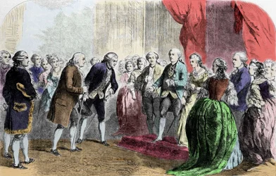 Benjamin Franklin (1706-1790), filosof, fysiker och amerikansk ambassadör mottagen av kungen av Frankrike Ludvig XVI, 6 februari