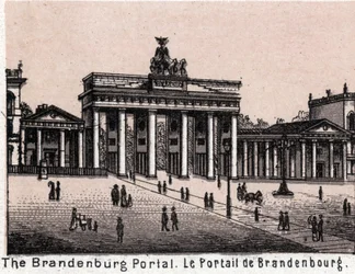 Berlin, Tyskland: utsikt över Brandenburg-portalen. i "" Världen illustrerar 168 vyer"" Odaterat (slutet av 1800-talet)