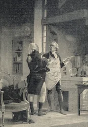 Berthollet besöker Lavoisier vid Sorbonne-laboratoriet - i "Universum och mänskligheten" av H. Kraemer