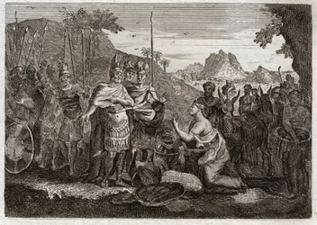Bible of Royaumont, Gamla testamentet: Abigail. Abigail, Nabals hustru, lugnar Davids vrede med sin vishet. Illustration från 1811.