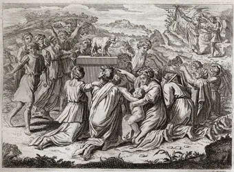 Bibeln från Royaumont, Gamla testamentet: Tillbedjan av den gyllene kalven. När Moses ser hebréerna och guldkalven bryter han mot lagens tabeller. Illustration från 1811.