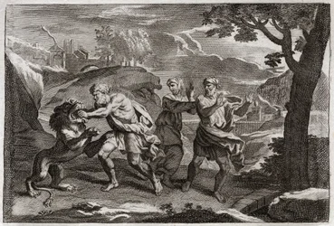 Bibeln från Royaumont, Gamla testamentet: Simsons födelse. Simson river ett lejon i bitar. Illustration från 1811.